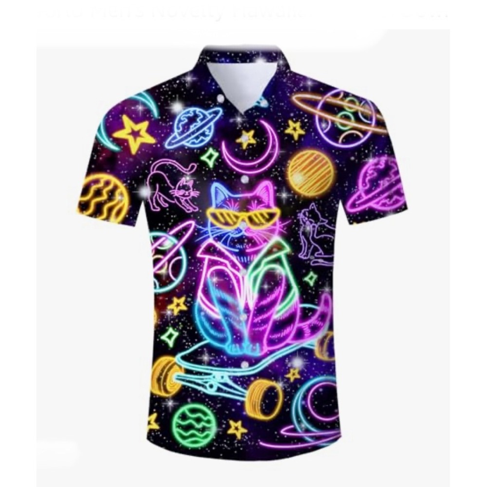 Goodstoworld Mens Neon Galaxy Cat Skateboard Button Down Shirt Large Space